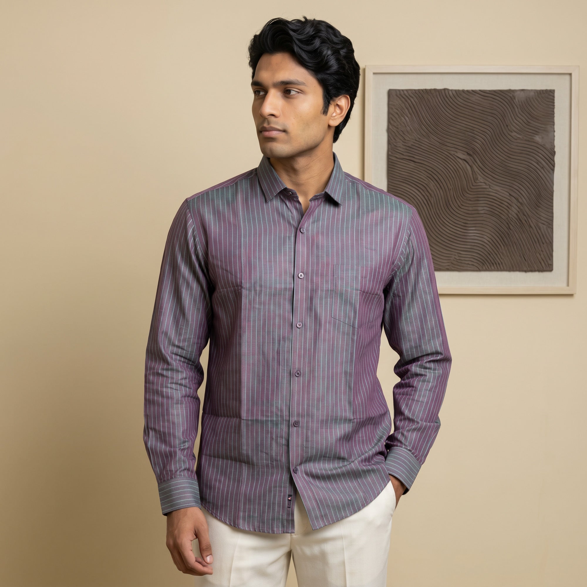 Men's Steel Mauve Vertical Stripe Full Sleeve Cotton Shirt (1019)