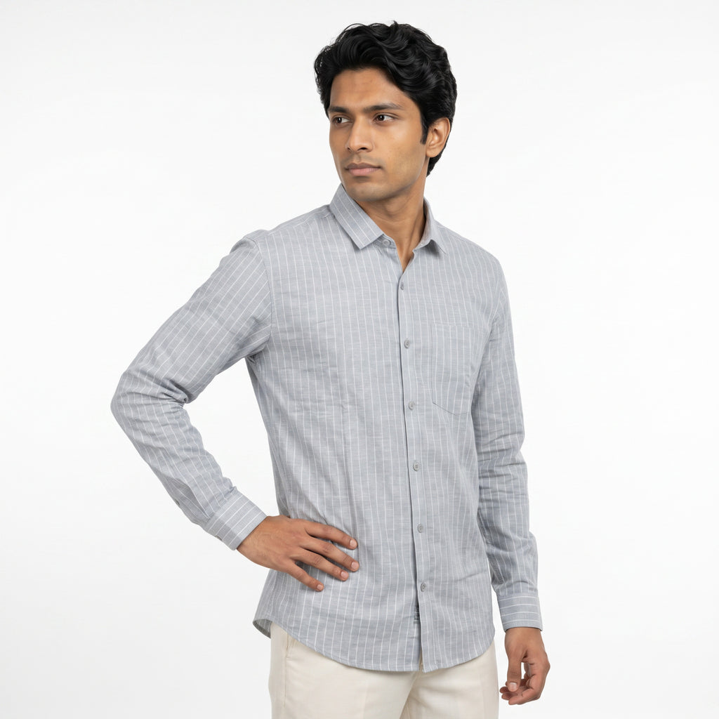 Men's Ash Grey Vertical Stripe Full Sleeve Cotton Shirt (1017)