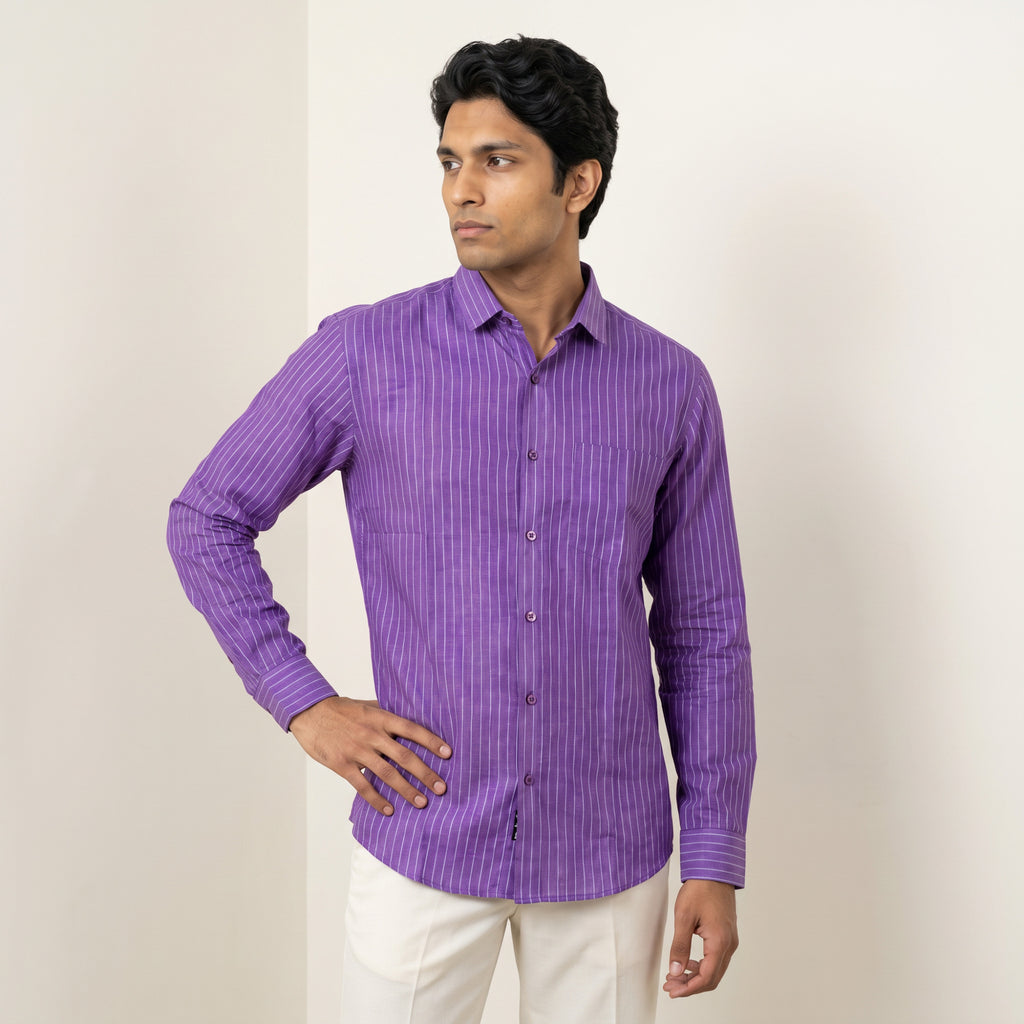 Men's Royal Purple Vertical Stripe Full Sleeve Cotton Shirt (1019)