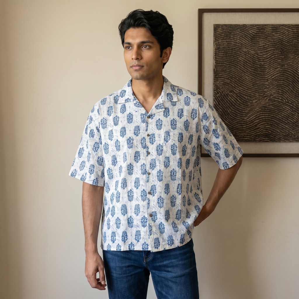 Ivory Indigo Designer Cotton Shirt (6414)