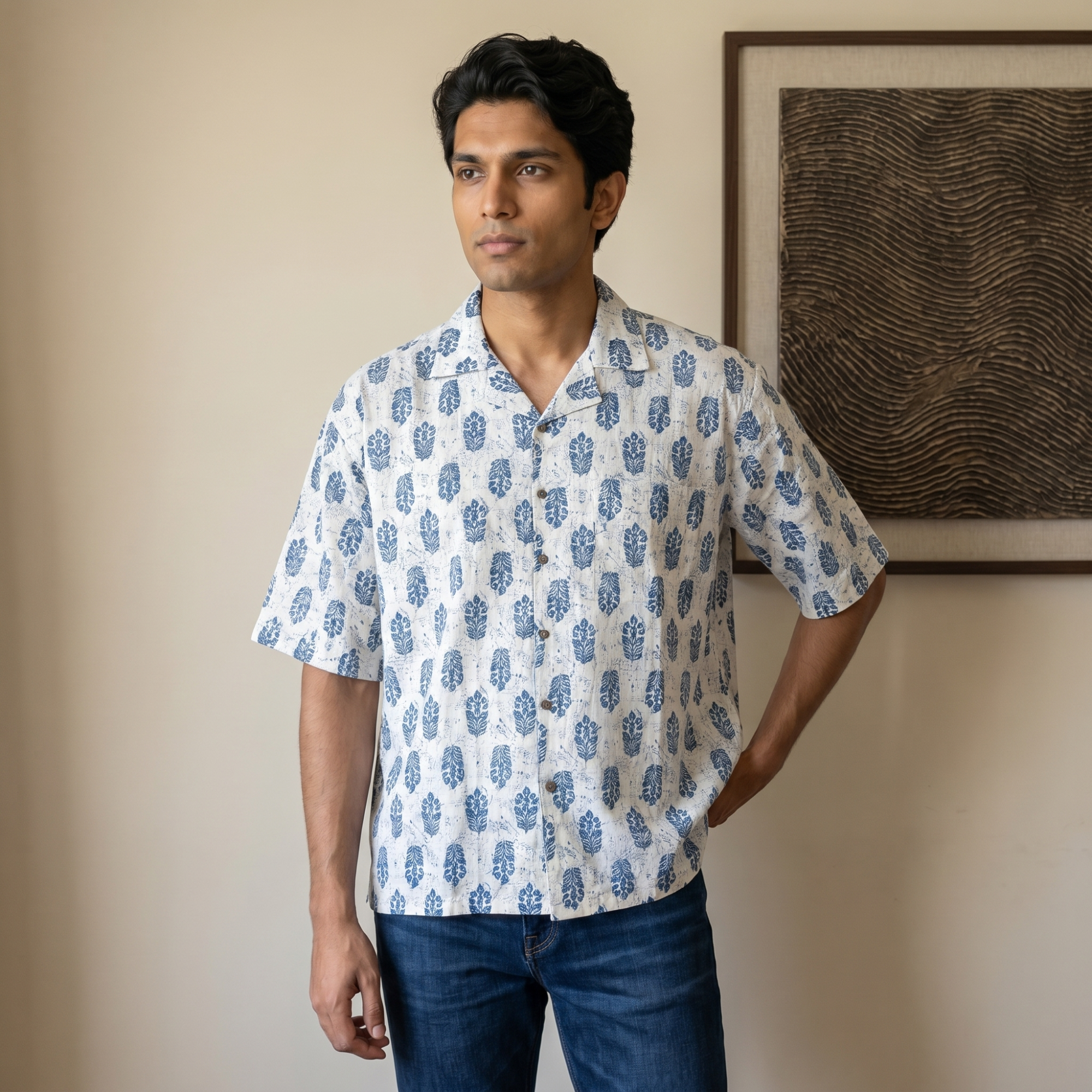 Ivory Indigo Designer Cotton Shirt (6414)