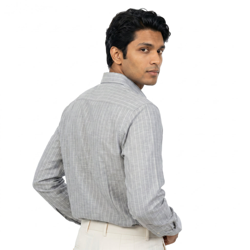 Men's Ash Grey Vertical Stripe Full Sleeve Cotton Shirt (1017)