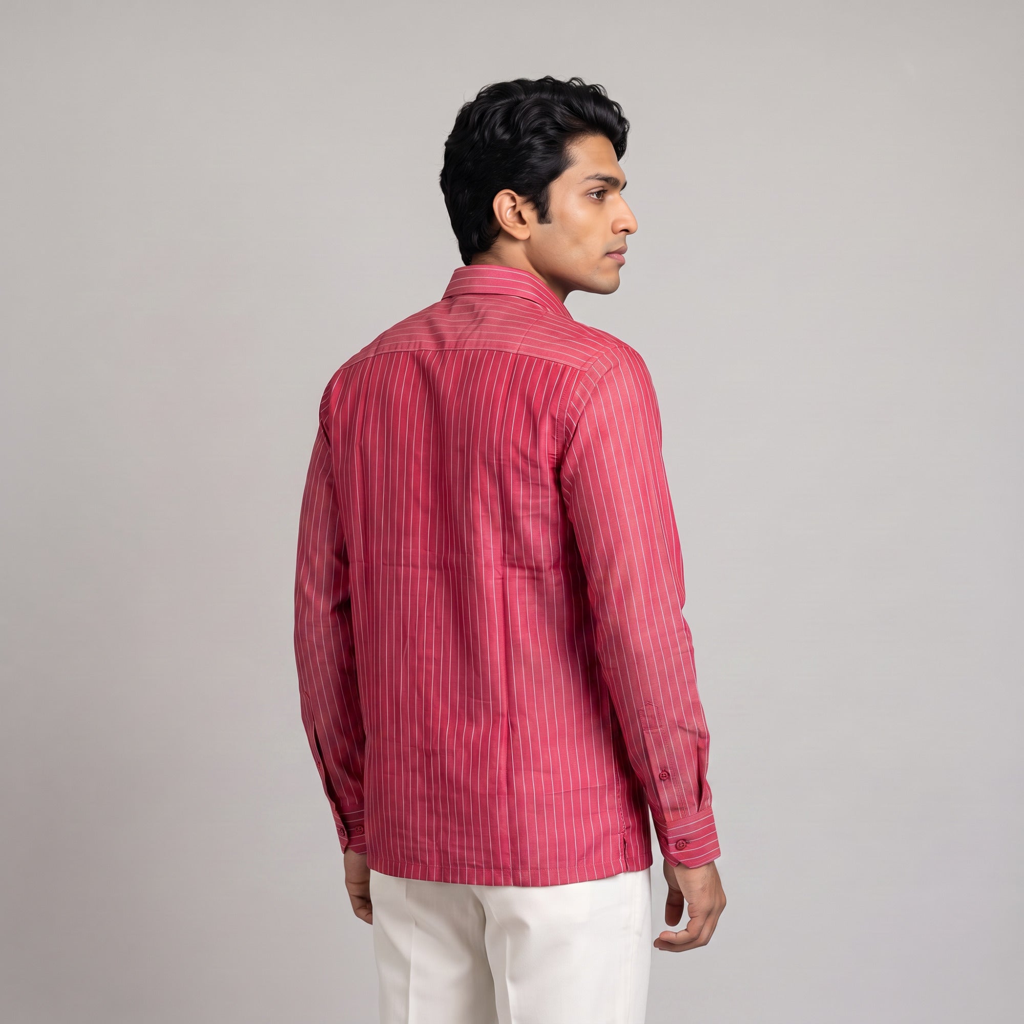 Men's Crimson Red Vertical Stripe Full Sleeve Cotton Shirt (1019)