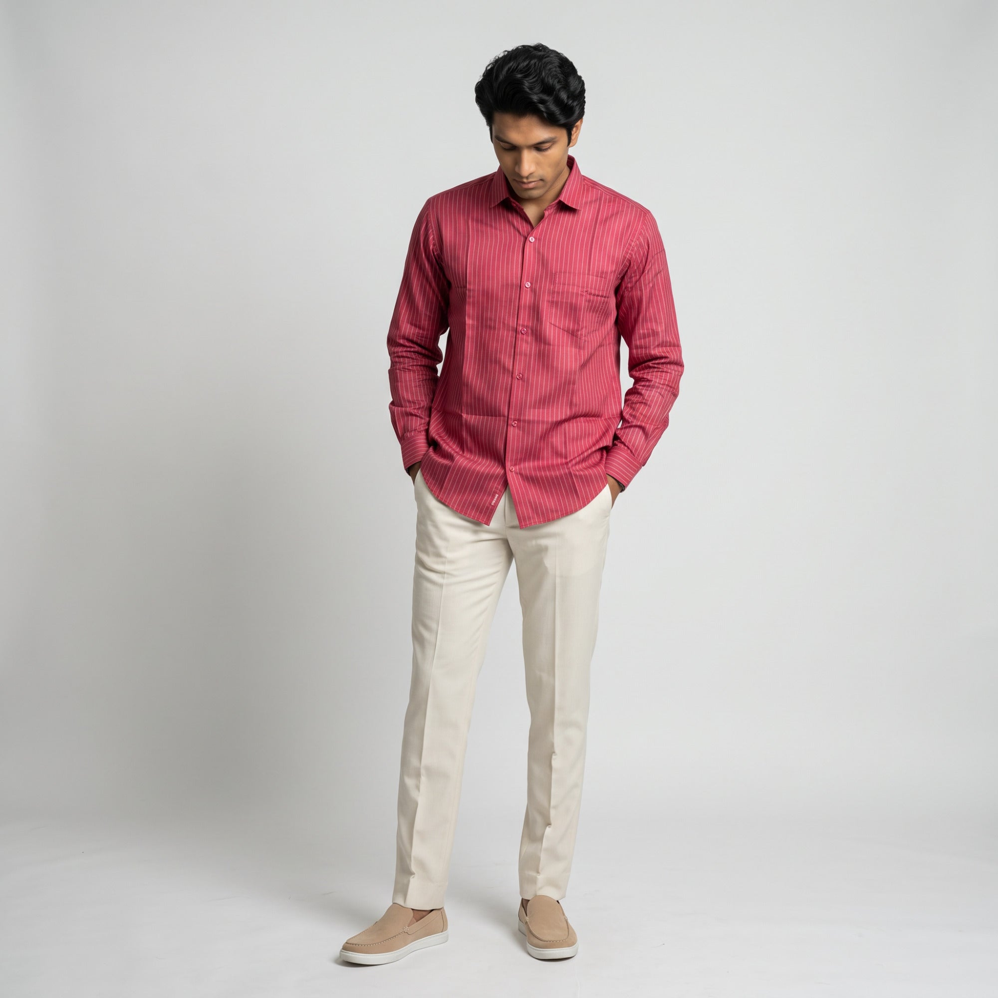 Men's Crimson Red Vertical Stripe Full Sleeve Cotton Shirt (1019)