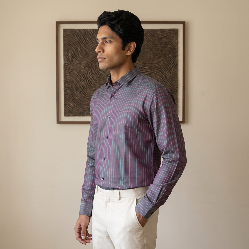 Men's Steel Mauve Vertical Stripe Full Sleeve Cotton Shirt (1019)