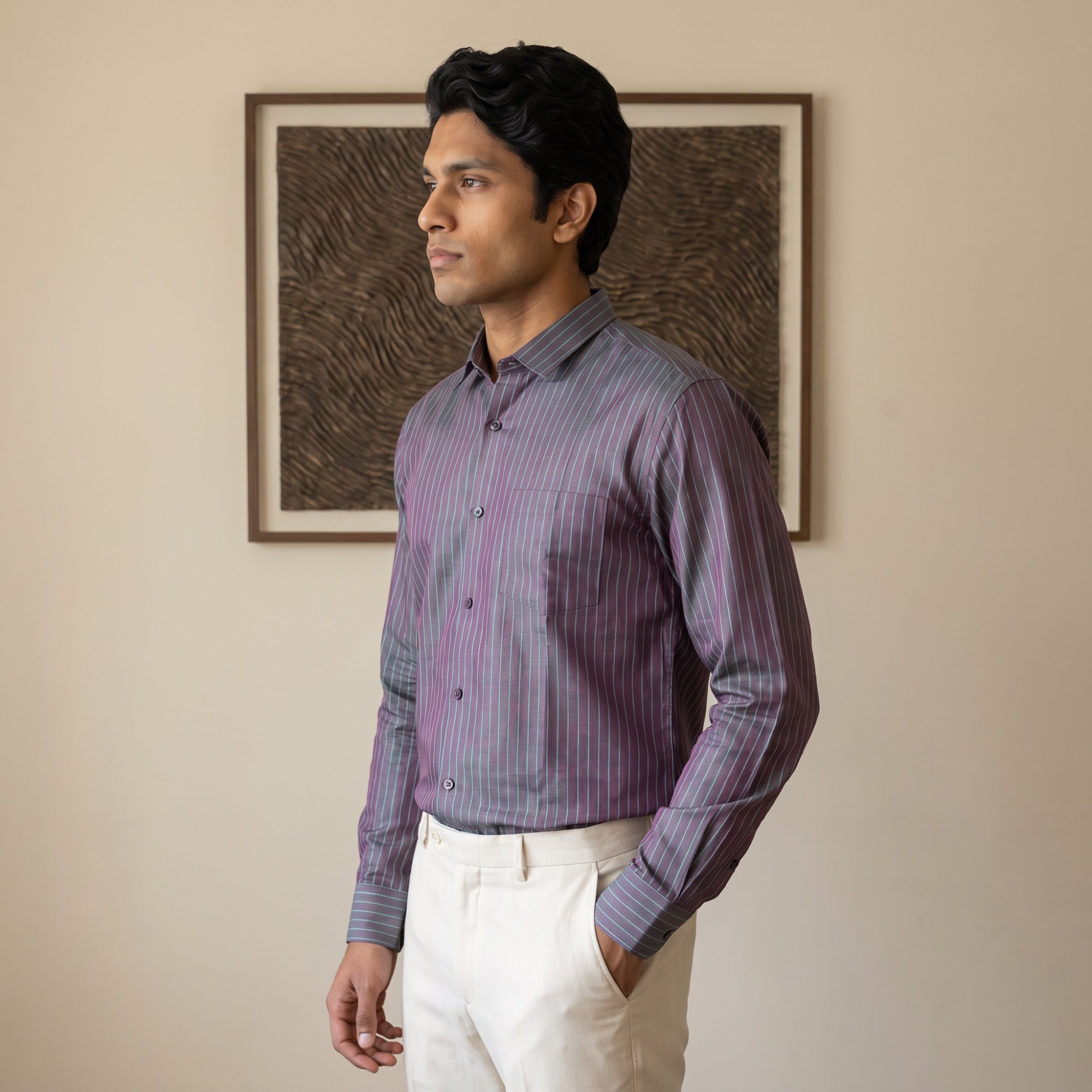 Men's Steel Mauve Vertical Stripe Full Sleeve Cotton Shirt (1019)
