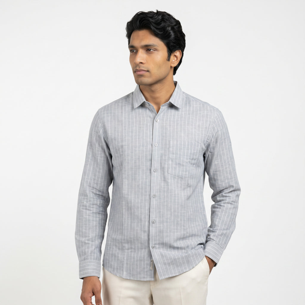 Men's Ash Grey Vertical Stripe Full Sleeve Cotton Shirt (1017)