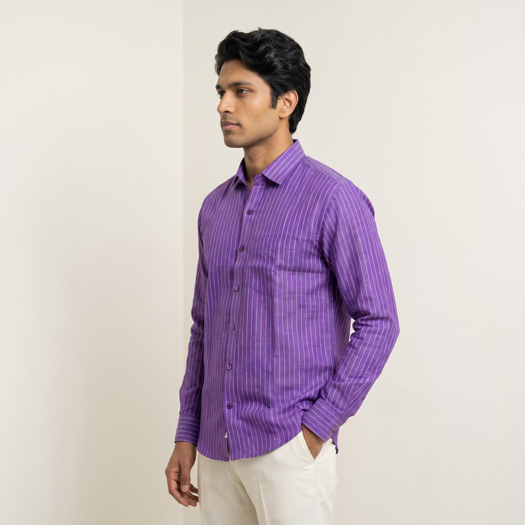 Men's Royal Purple Vertical Stripe Full Sleeve Cotton Shirt (1019)