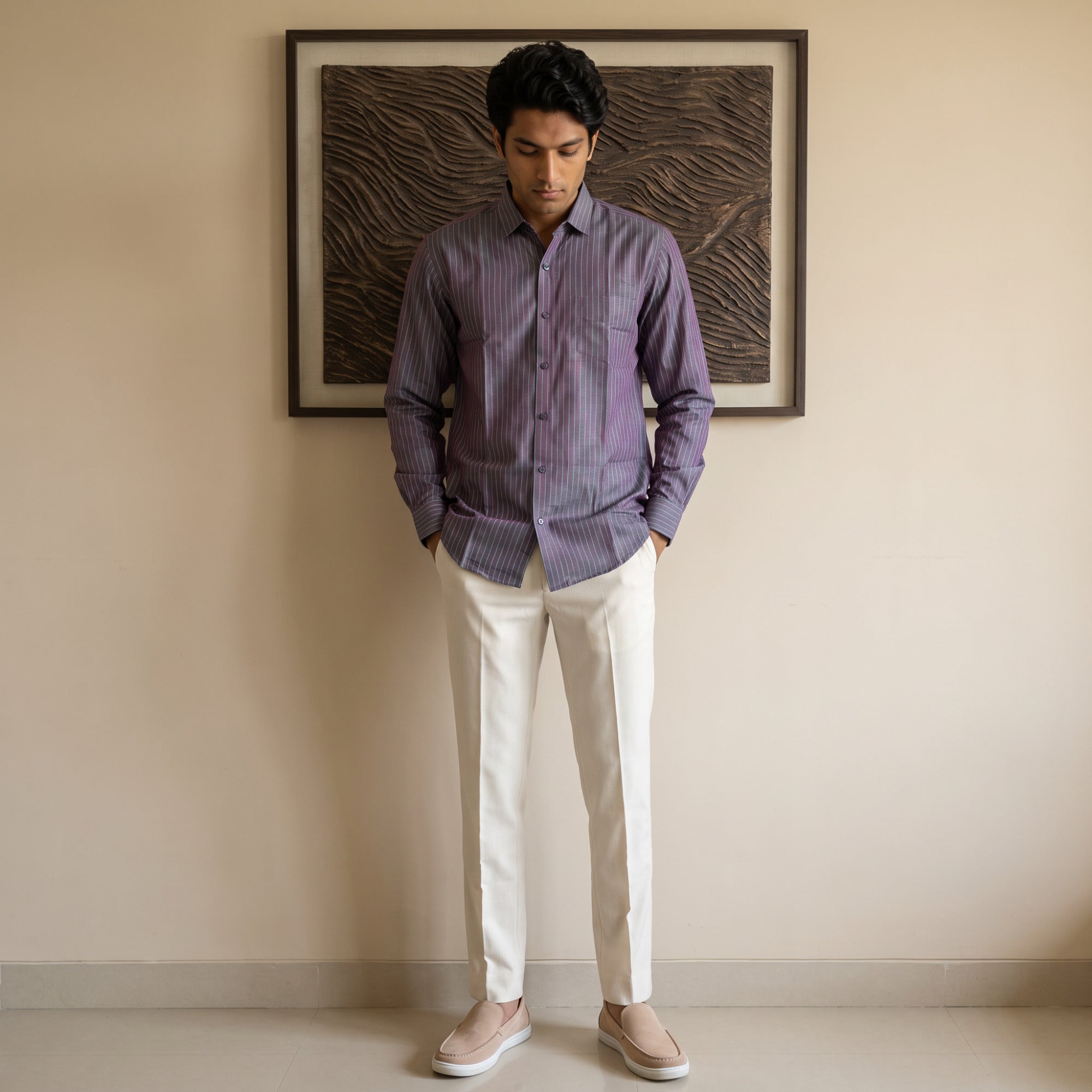 Men's Steel Mauve Vertical Stripe Full Sleeve Cotton Shirt (1019)