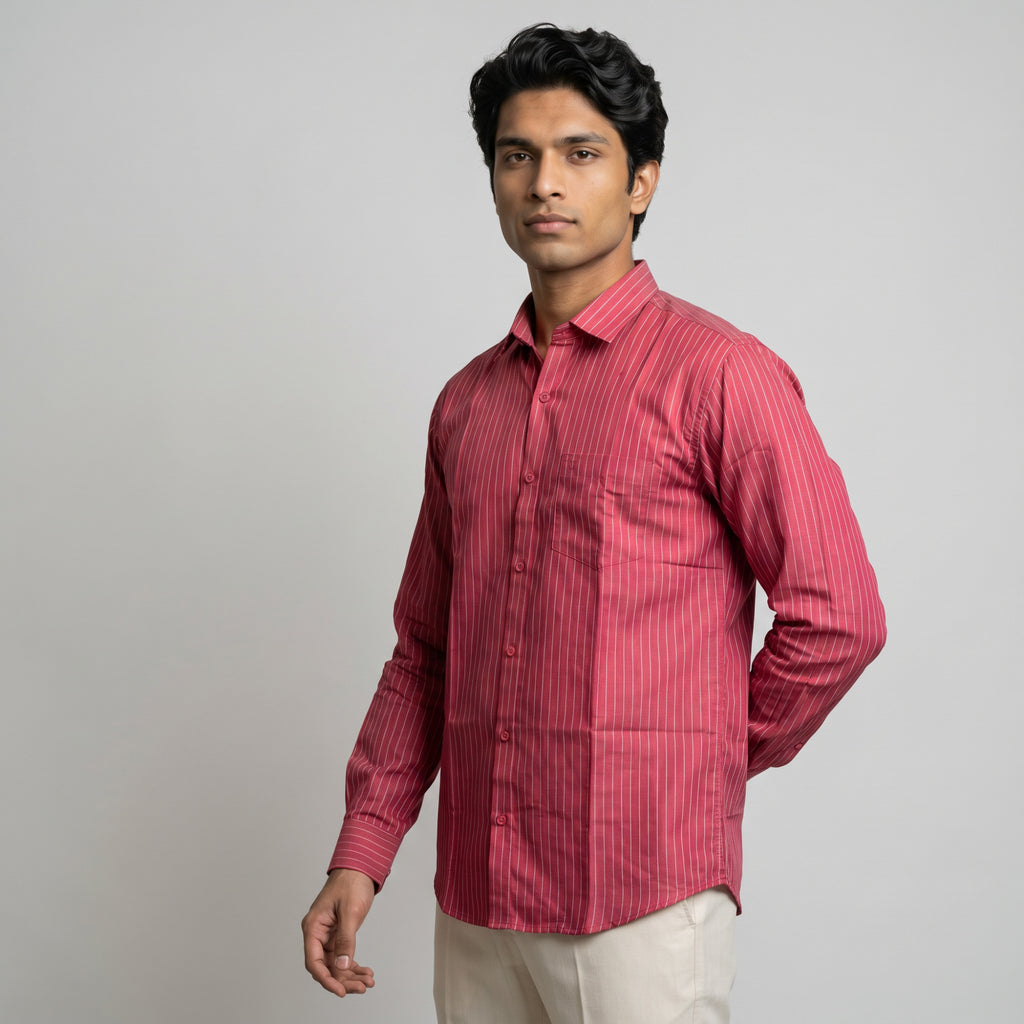 Men's Crimson Red Vertical Stripe Full Sleeve Cotton Shirt (1019)