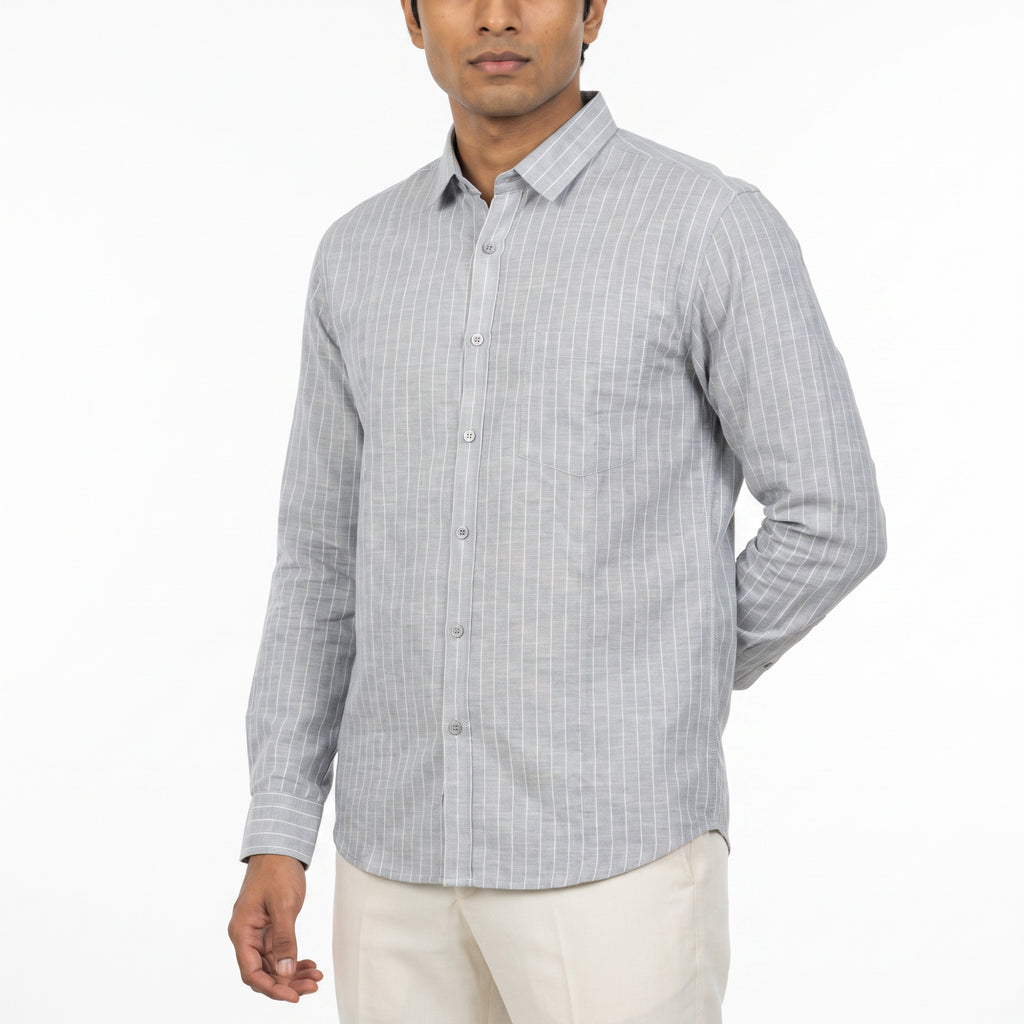 Men's Ash Grey Vertical Stripe Full Sleeve Cotton Shirt (1017)