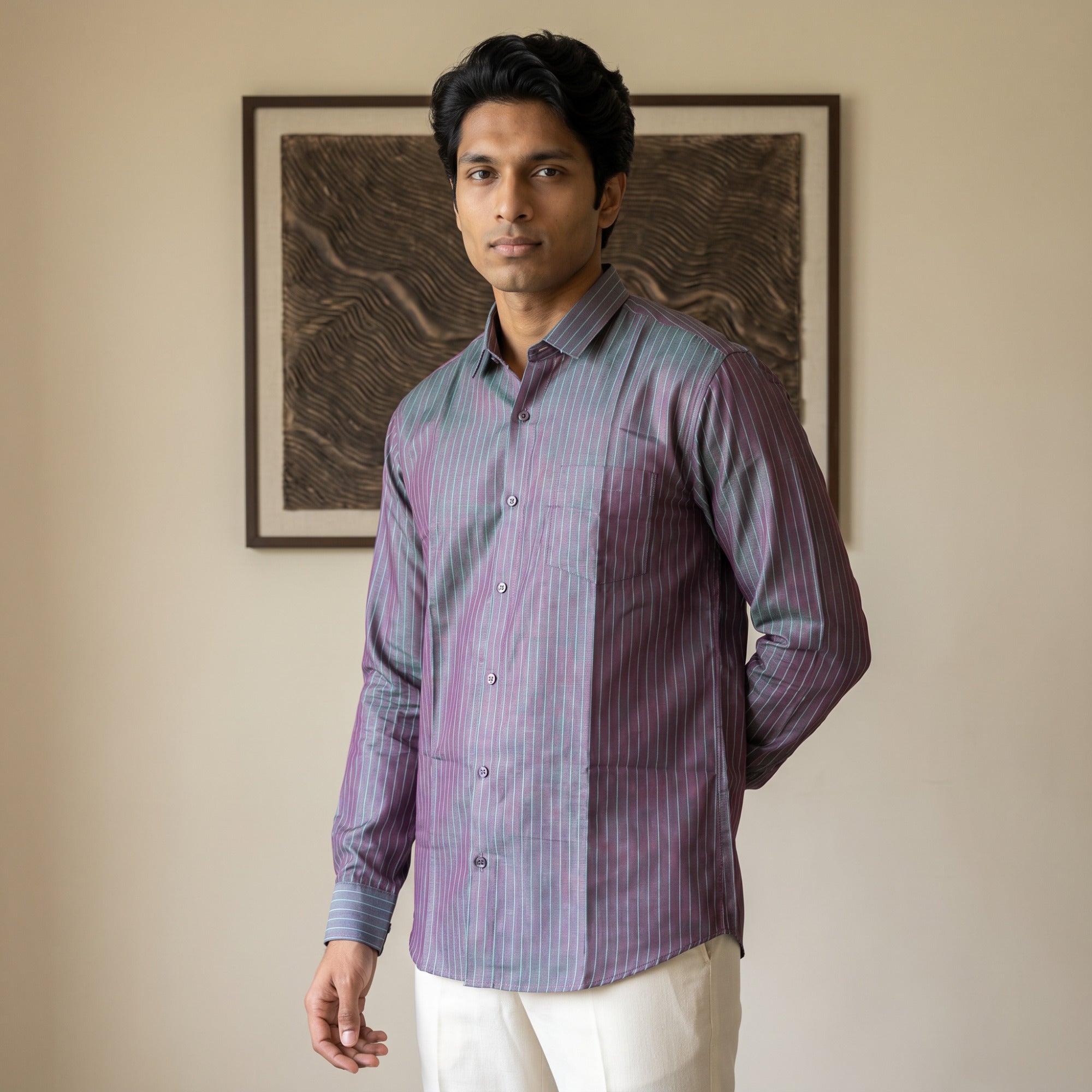 Men's Steel Mauve Vertical Stripe Full Sleeve Cotton Shirt (1019)