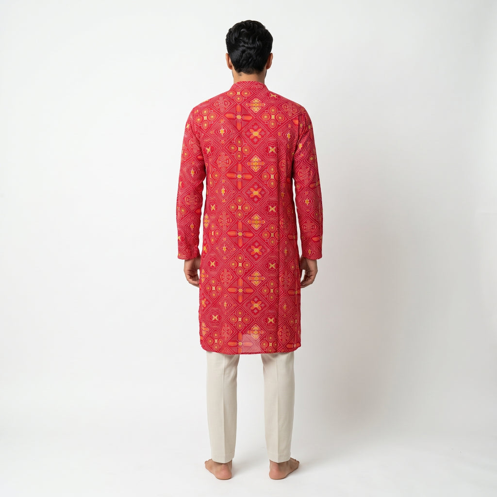 Men's Crimson Red Bandhani Printed Cotton Kurta(2228)