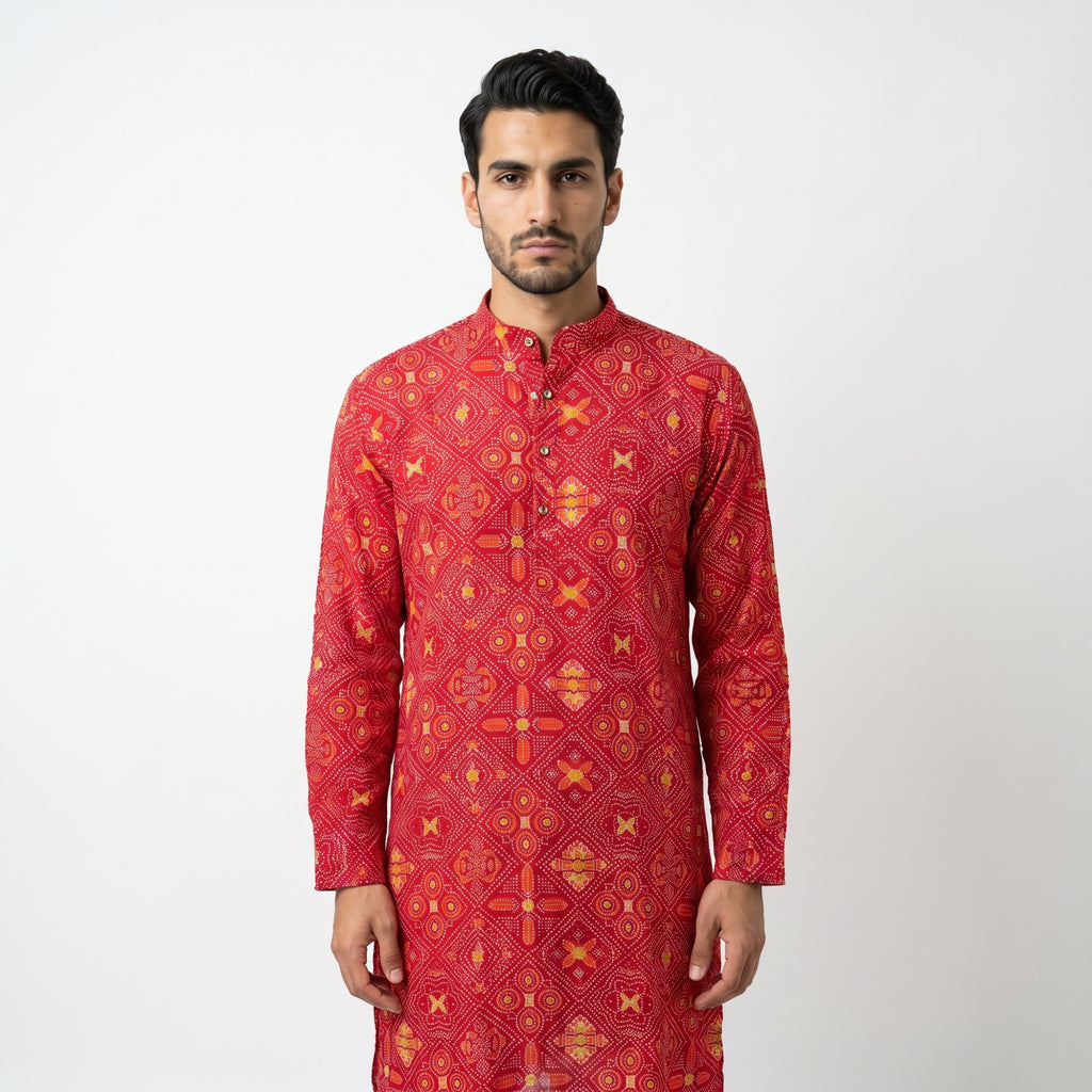 Men's Crimson Red Bandhani Printed Cotton Kurta(2228)