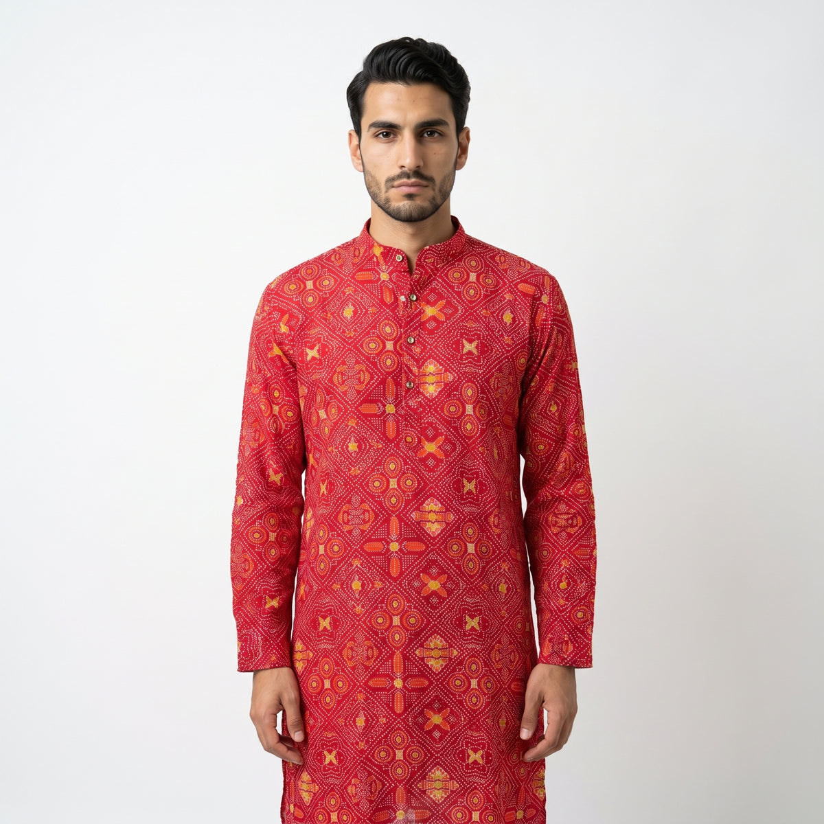Men's Crimson Red Bandhani Printed Cotton Kurta(2228)