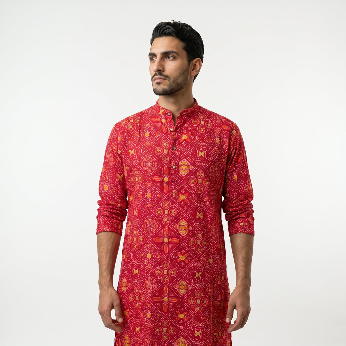 Men's Crimson Red Bandhani Printed Cotton Kurta(2228)