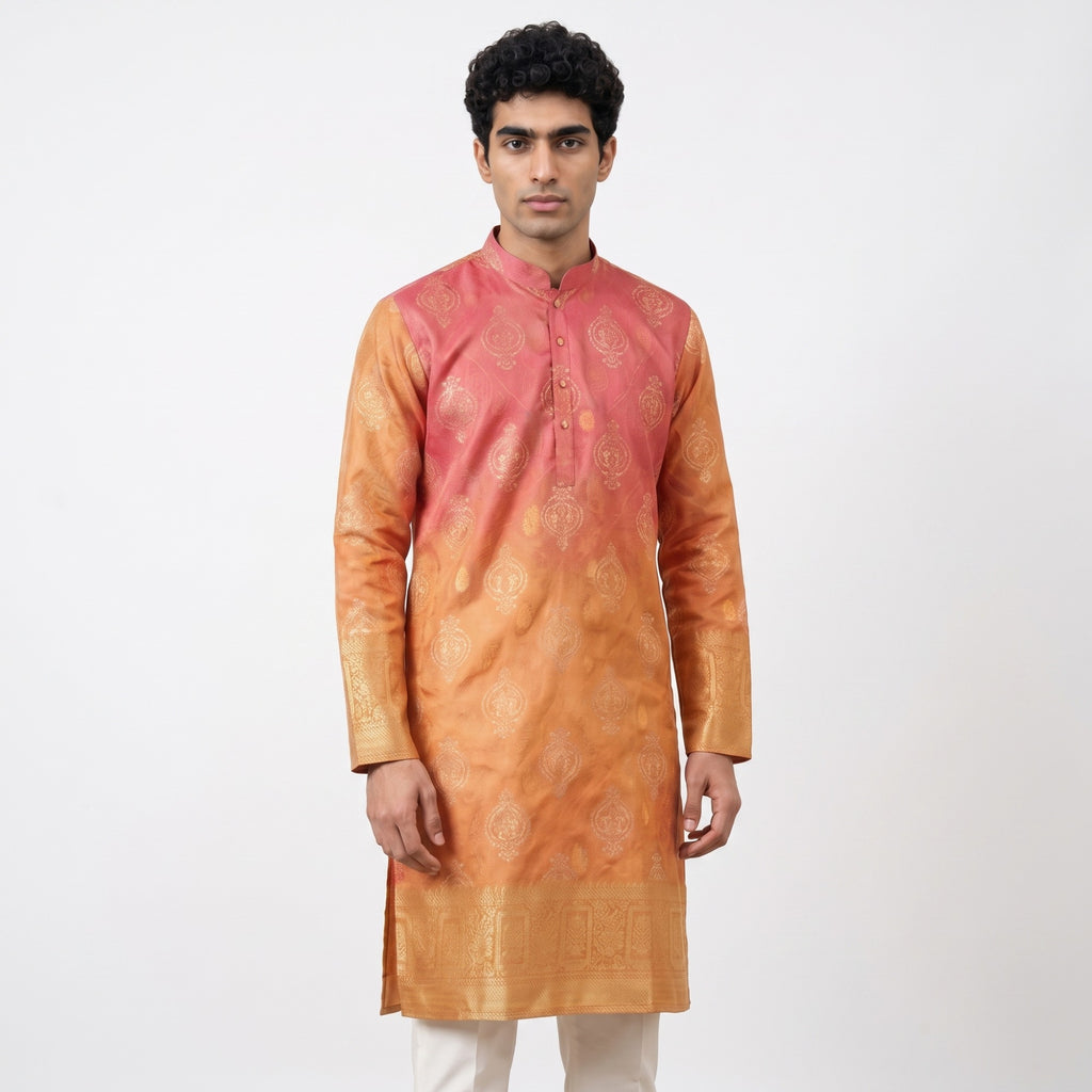 Crimson Sunset Ombré Jacquard Kurta(50066)