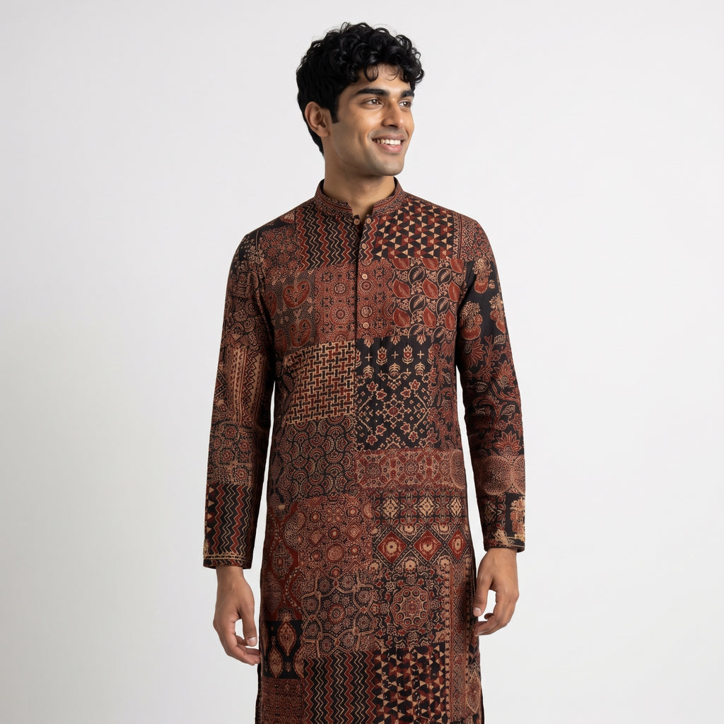 Men's Ajrakh Patchwork Print Mashroo Kurta (9955)