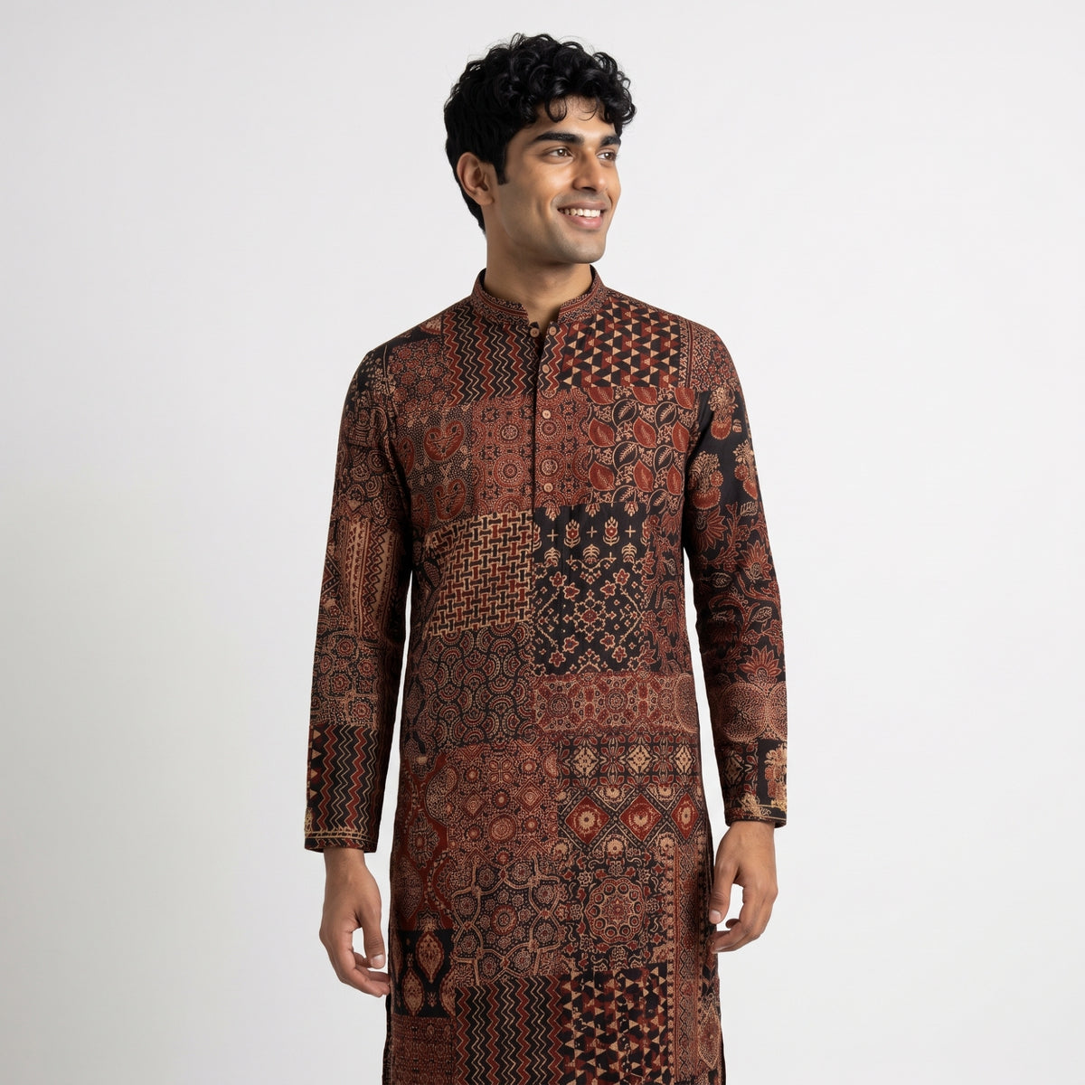 Men's Ajrakh Patchwork Print Mashroo Kurta (9955)