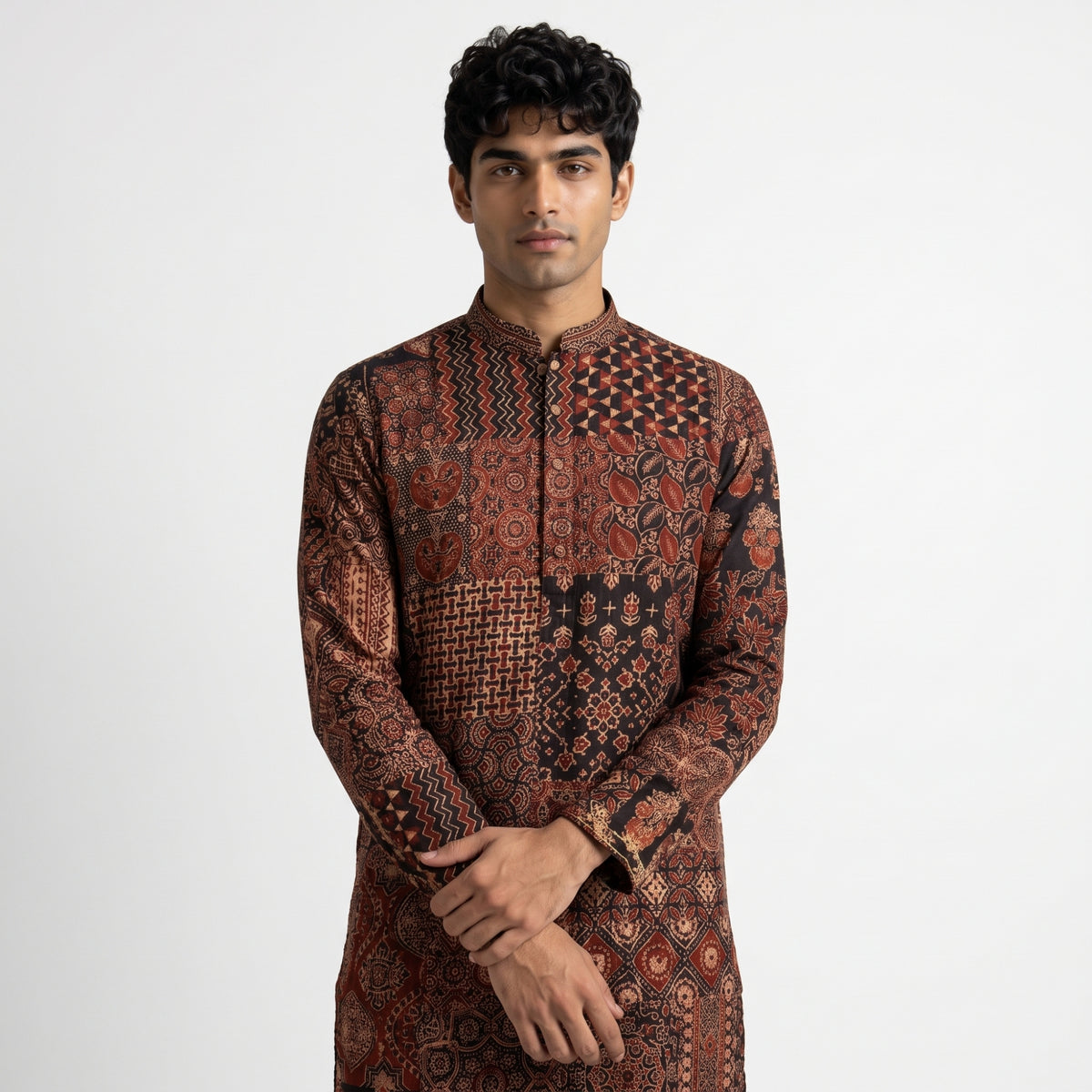 Men's Ajrakh Patchwork Print Mashroo Kurta (9955)