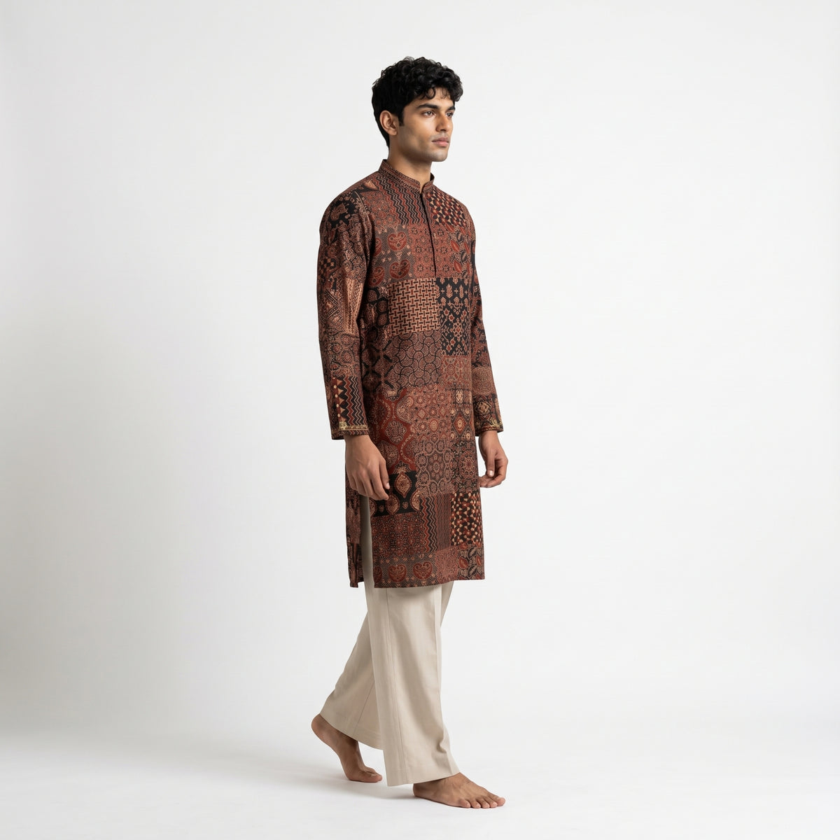 Men's Ajrakh Patchwork Print Mashroo Kurta (9955)
