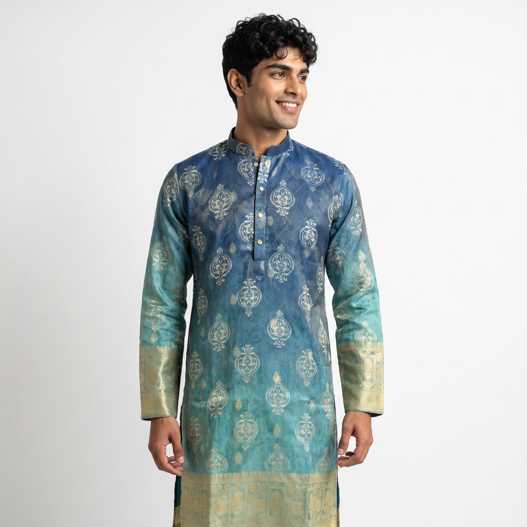 Ocean Blue Woven Jacquard Silk Kurta(50066)