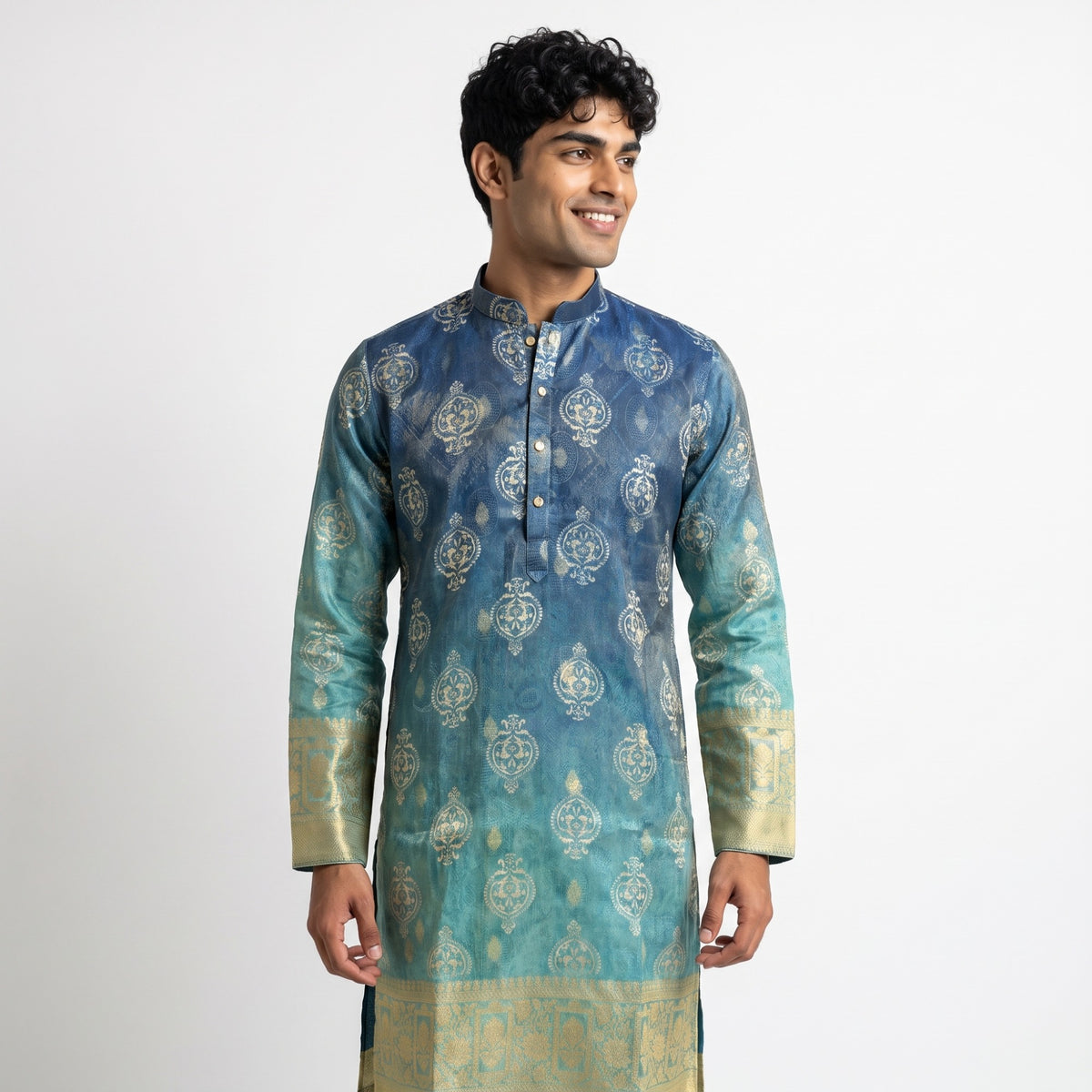 Ocean Blue Woven Jacquard Silk Kurta(50066)