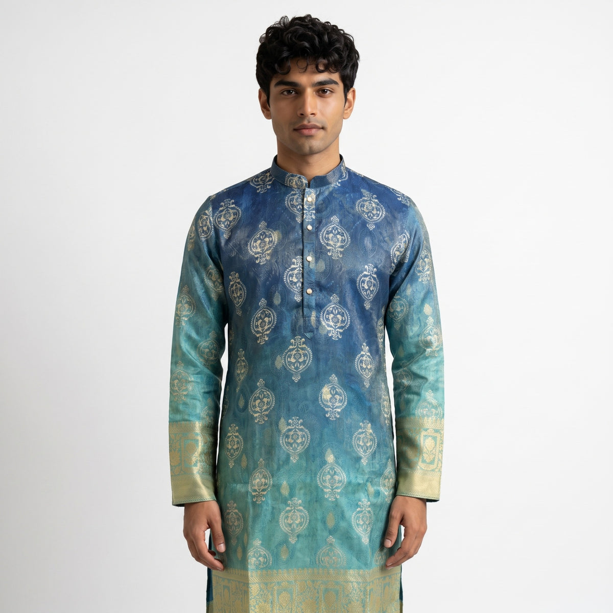 Ocean Blue Woven Jacquard Silk Kurta(50066)