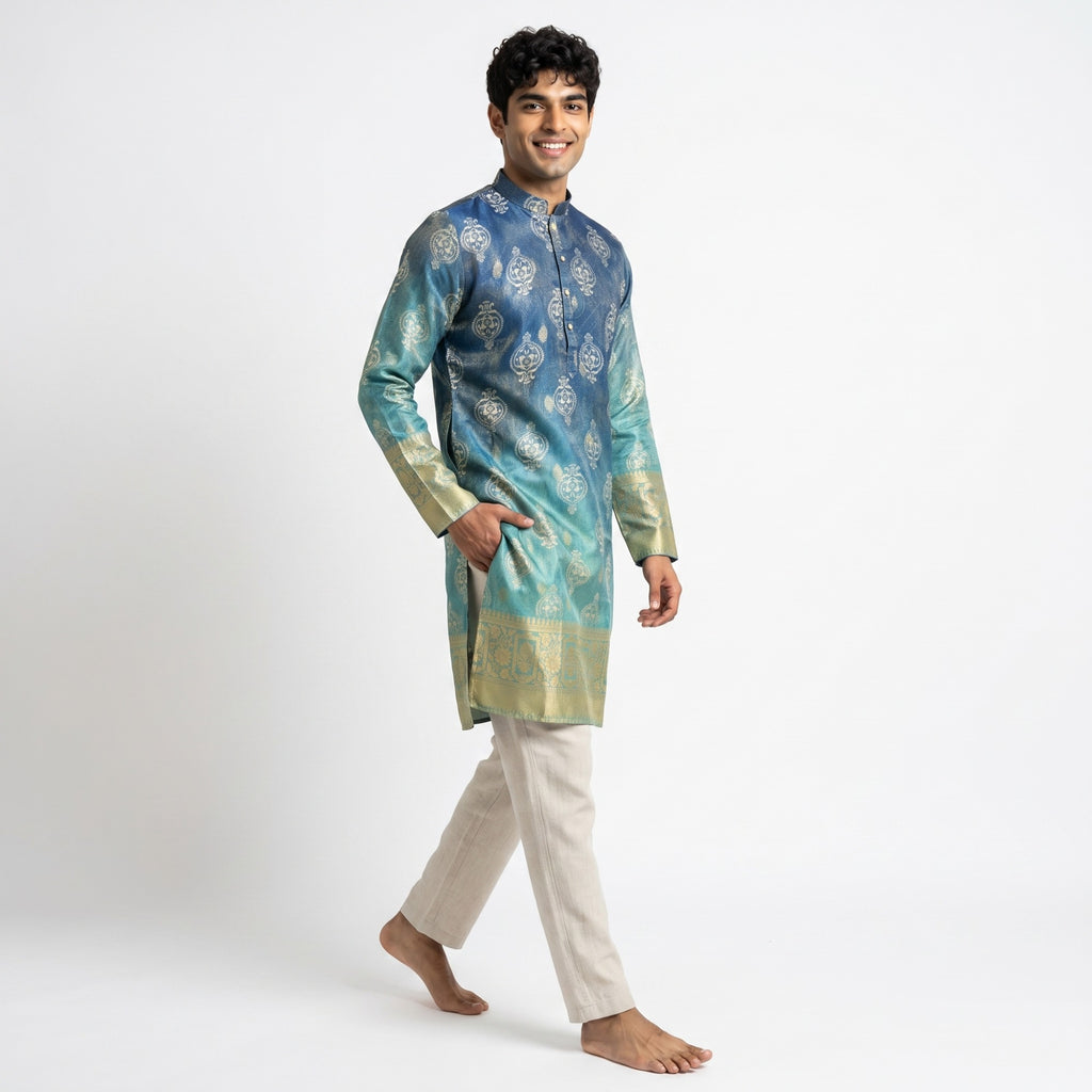 Ocean Blue Woven Jacquard Silk Kurta(50066)