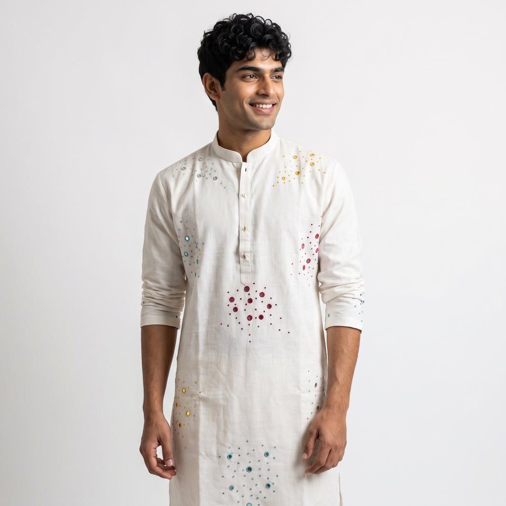 Off-White Kurta with Multicolored Mirror Clusters(1923)