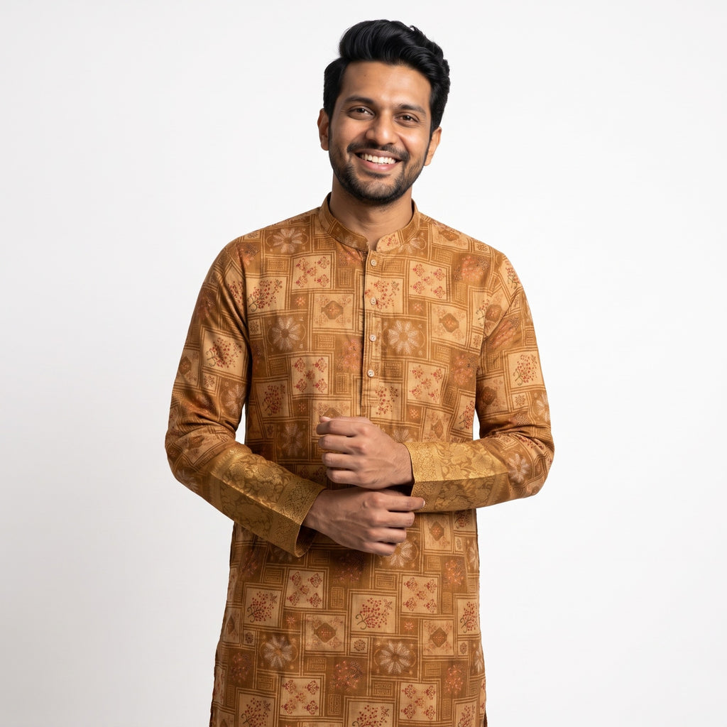 Earthy Geometric Tile Art Silk Kurta(50056)