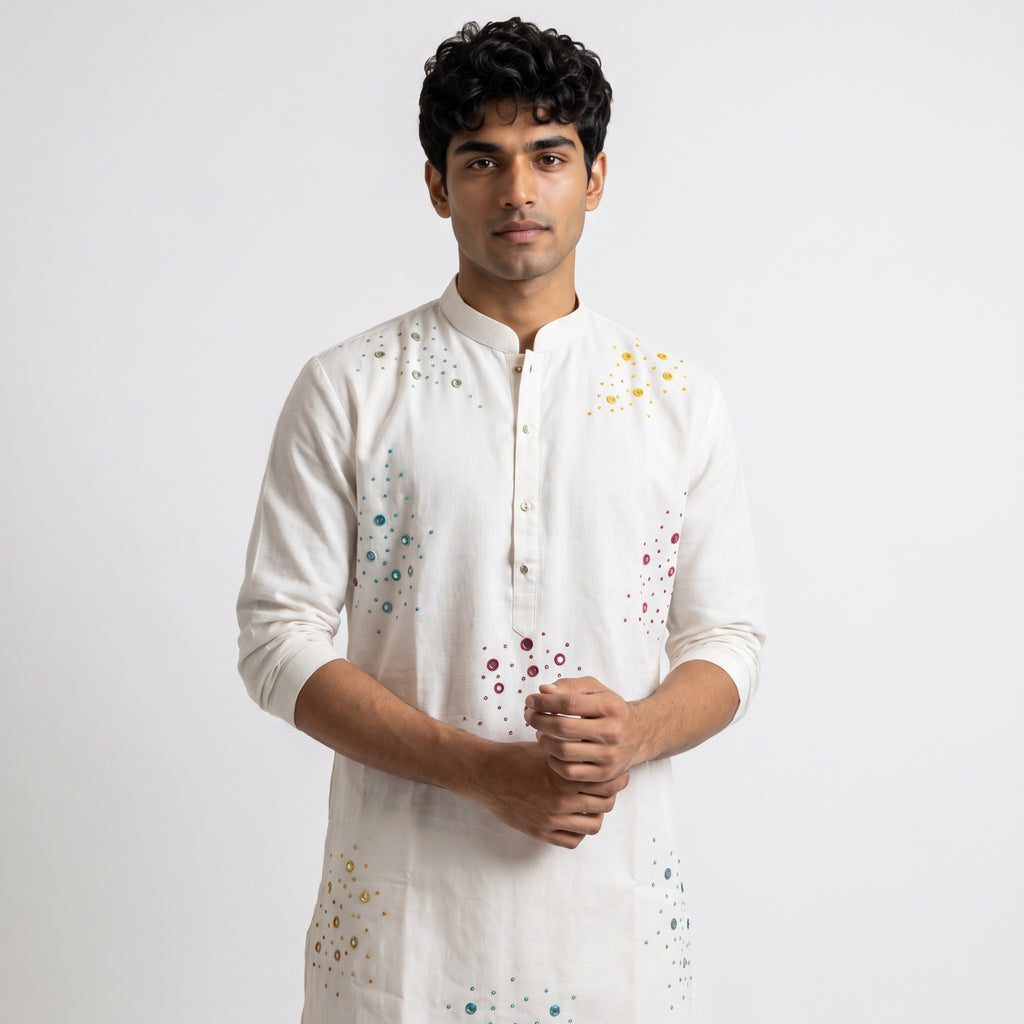 Off-White Kurta with Multicolored Mirror Clusters(1923)