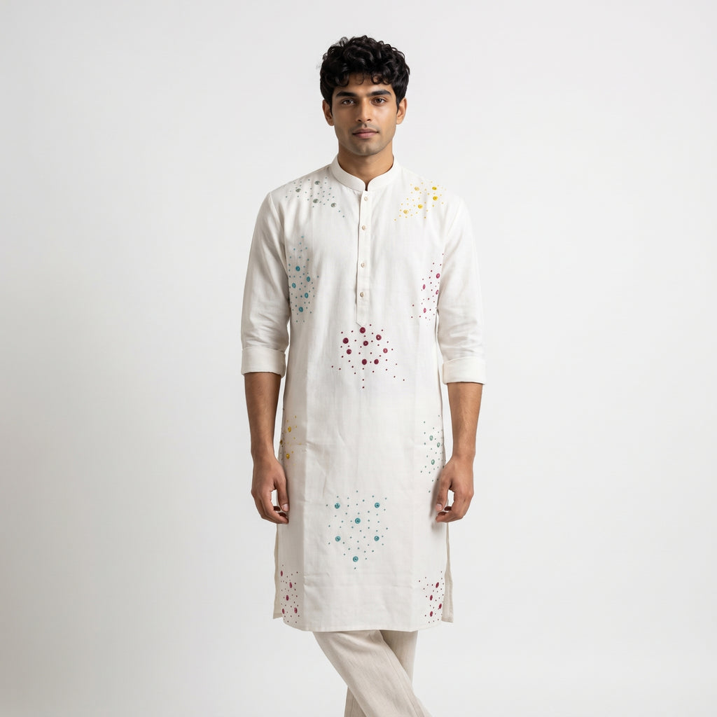 Off-White Kurta with Multicolored Mirror Clusters(1923)