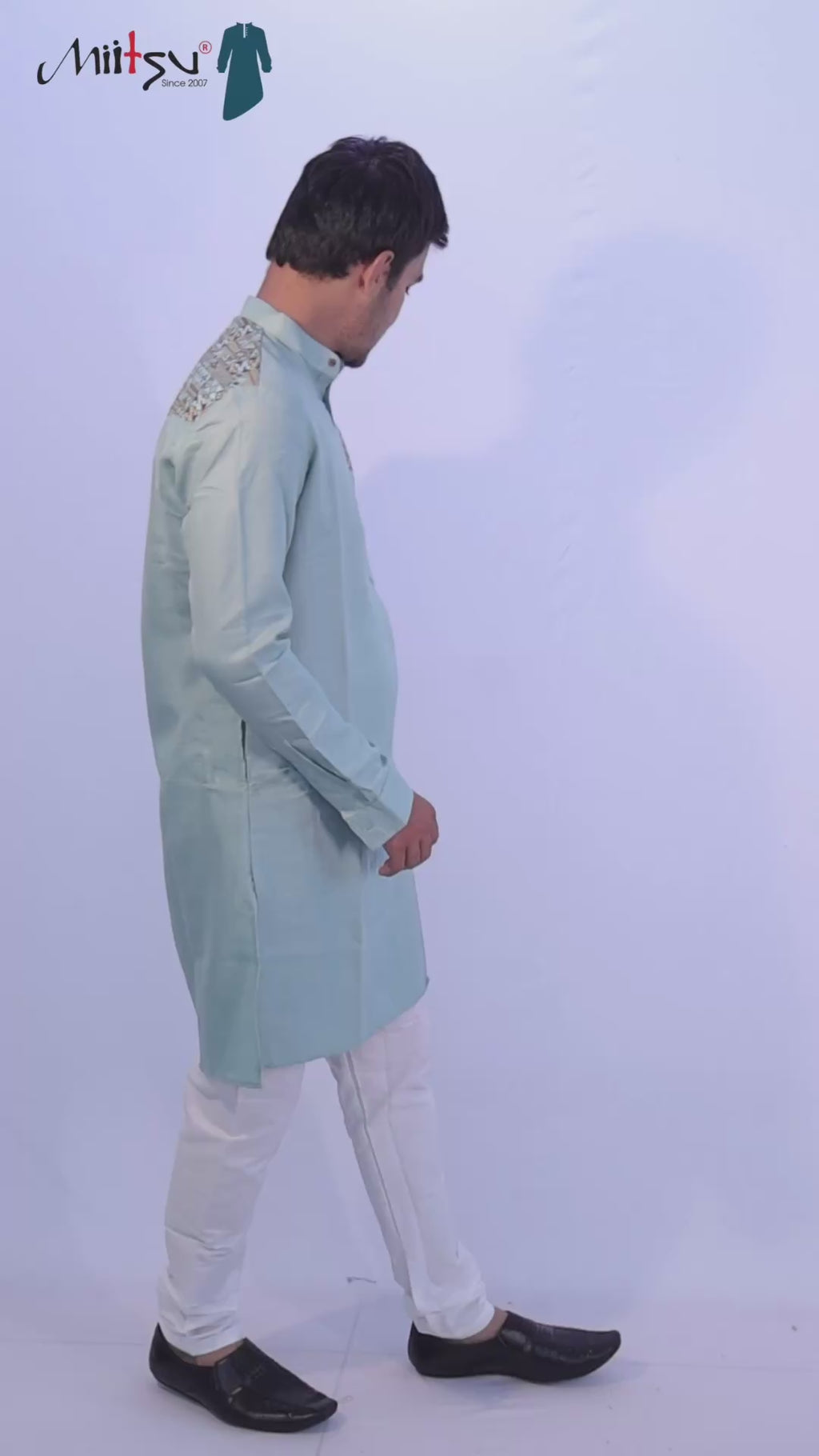 Light Mint Cotton Kurta with Printed Shoulder Design (280)