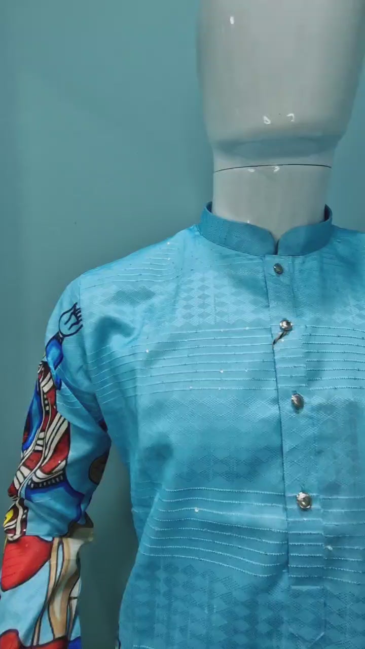 Men’s Sky Blue Madhubani Kurta Set – Krishna &amp; Cow Motif | Handcrafted Ethnic Wear (9685)