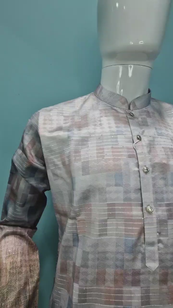 Men’s Jacquard Kurta with Subtle Pastel Check Pattern(2020)