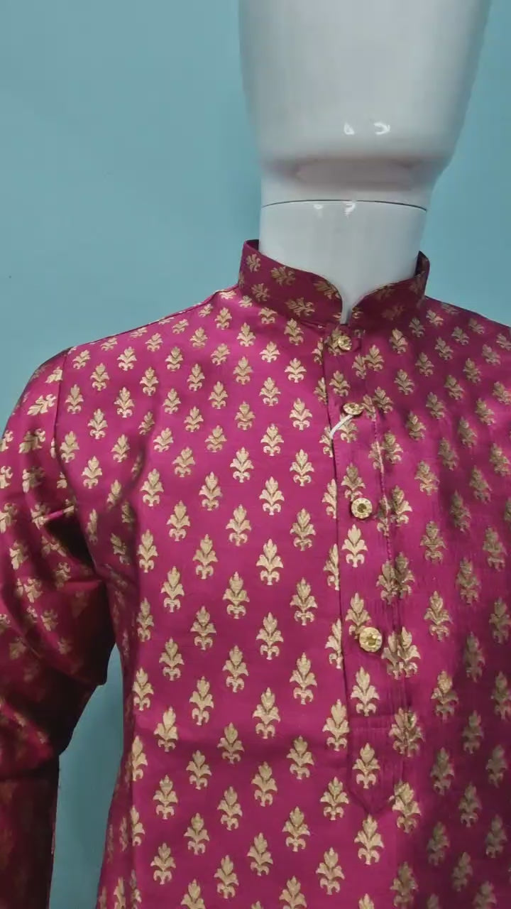 Men's Festive Banarasi Kurta – Magenta with Gold (Brocade Pattern)