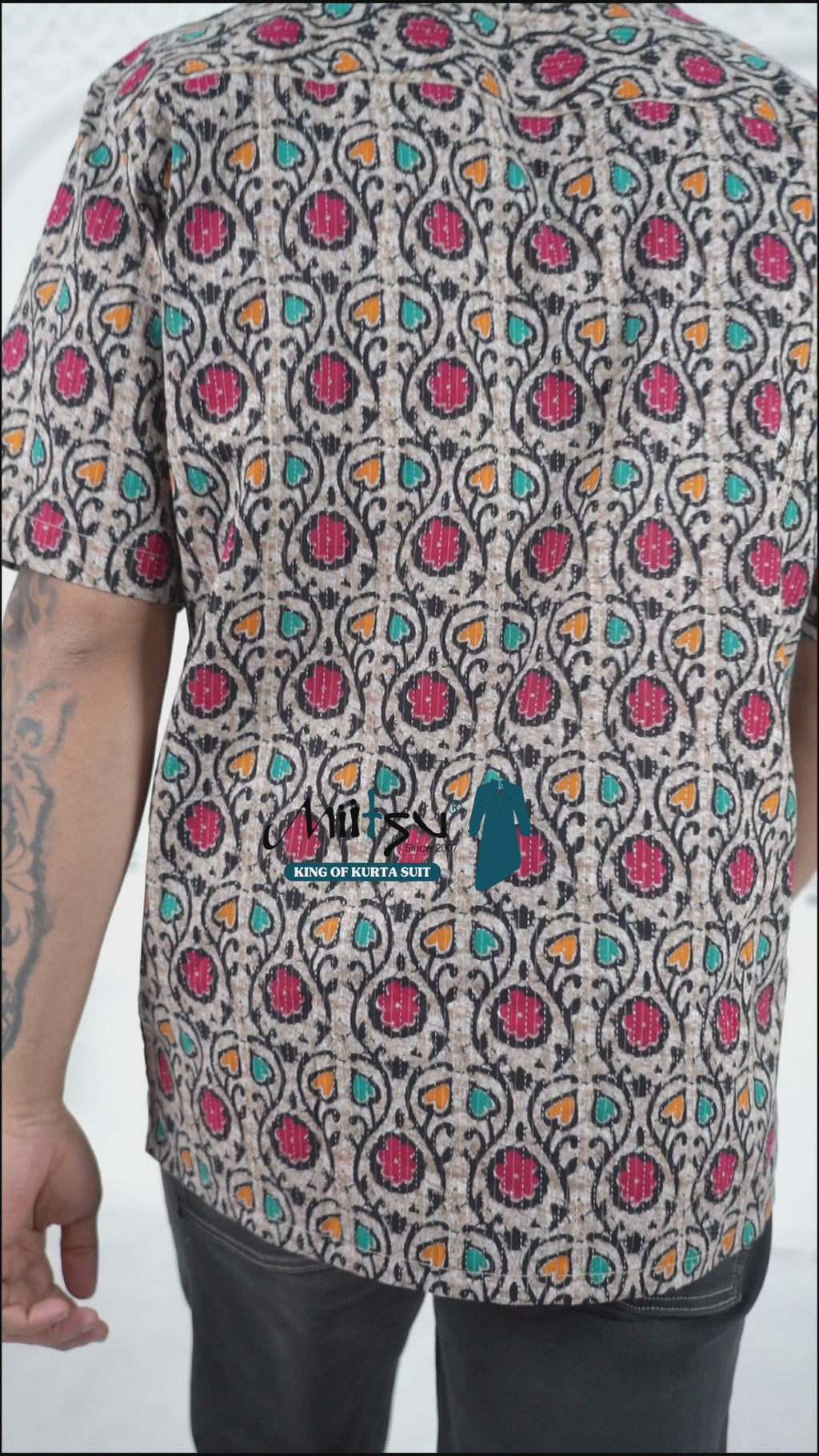 Men’s Beige Ethnic Floral Printed Half Sleeve Casual Shirt(1115)