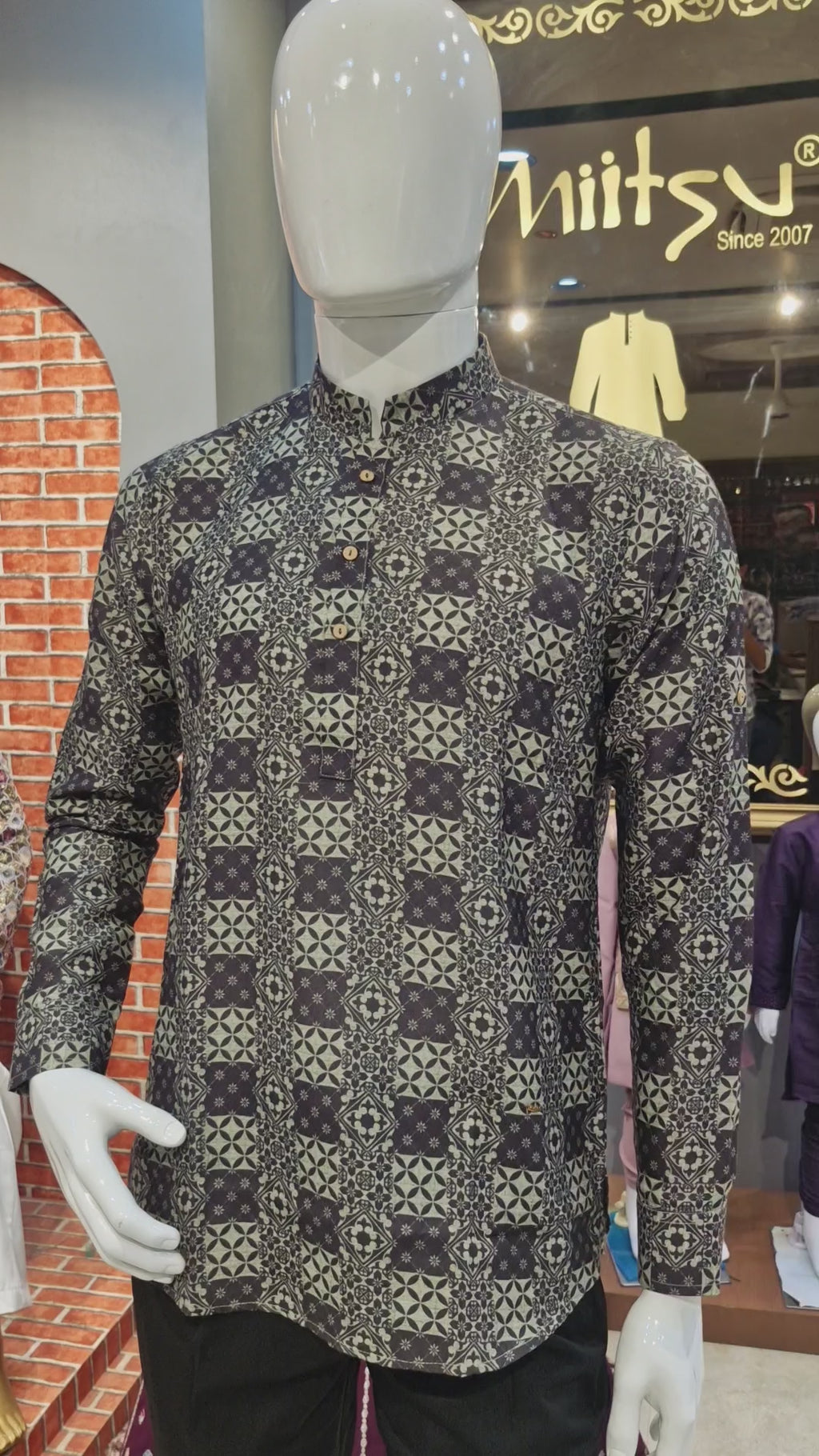 Men's Charcoal green Tile Print Short Kurta (190)