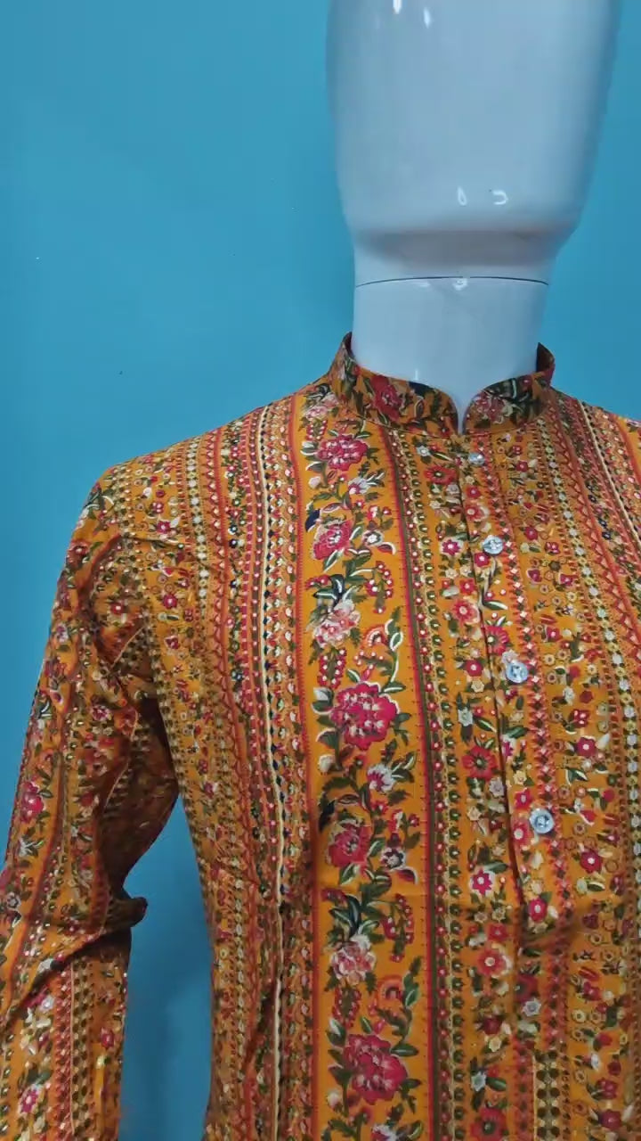 Men's Traditional Printed Kurta – Mustard & Floral Design (2010)