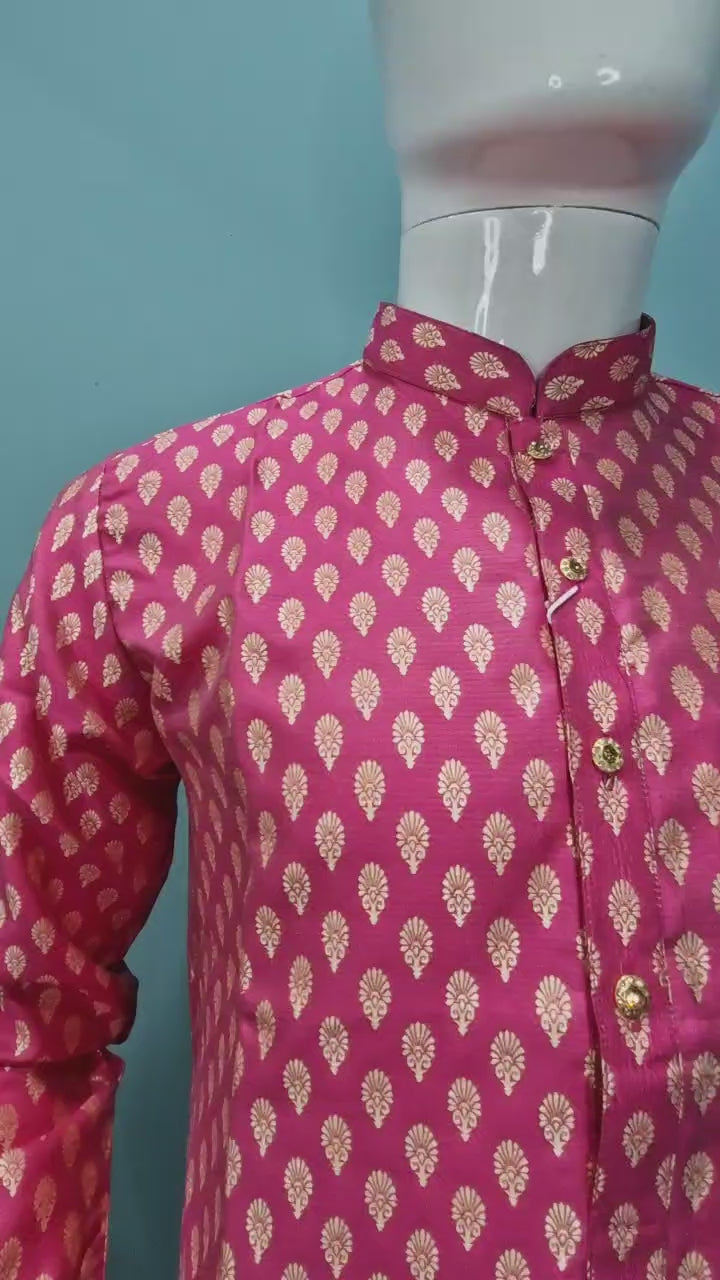 Men's Festive Banarasi Kurta – Magenta with Gold (Brocade Pattern)