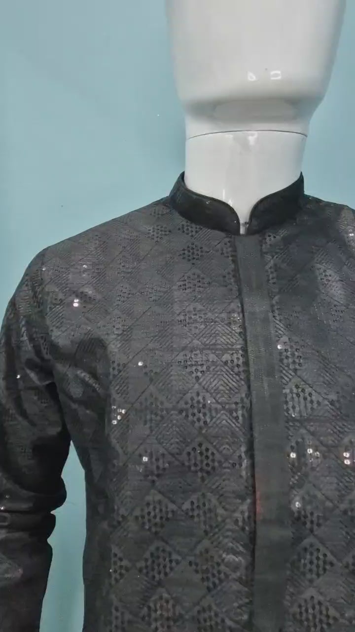 Men's Black Embroidered Kurta with White Pajama Set (10088)