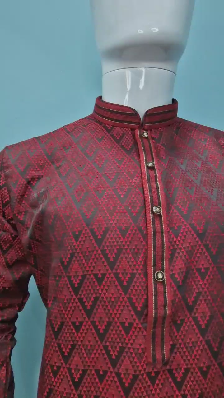 Men’s Red & Black Woven Pattern Kurta set (60022)
