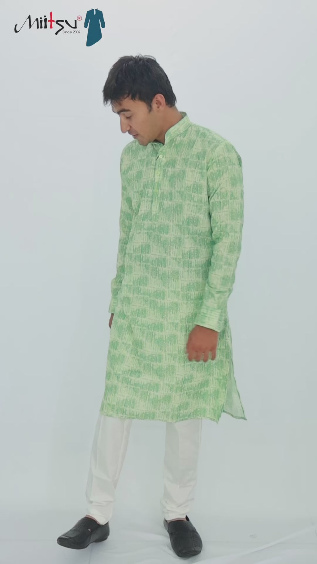 Men's Mint Green Geometric Print Cotton Kurta (6974)