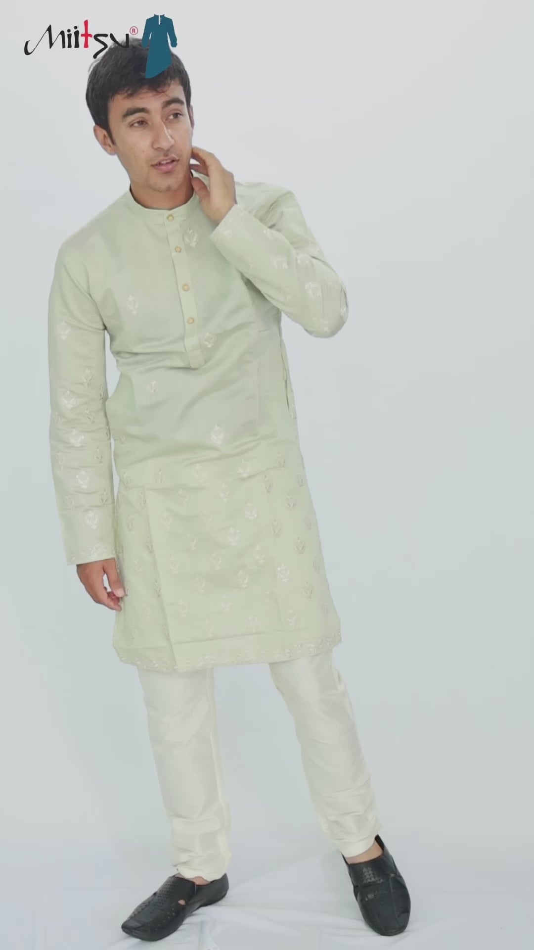 Men’s Pistachio Green Kurta Set with Subtle Gold Embroidery (85169)