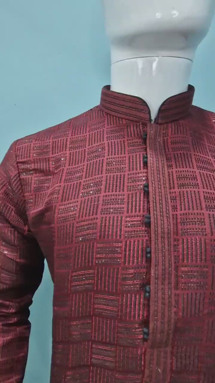 Maroon Textured Silk Blend Kurta Set (6038)
