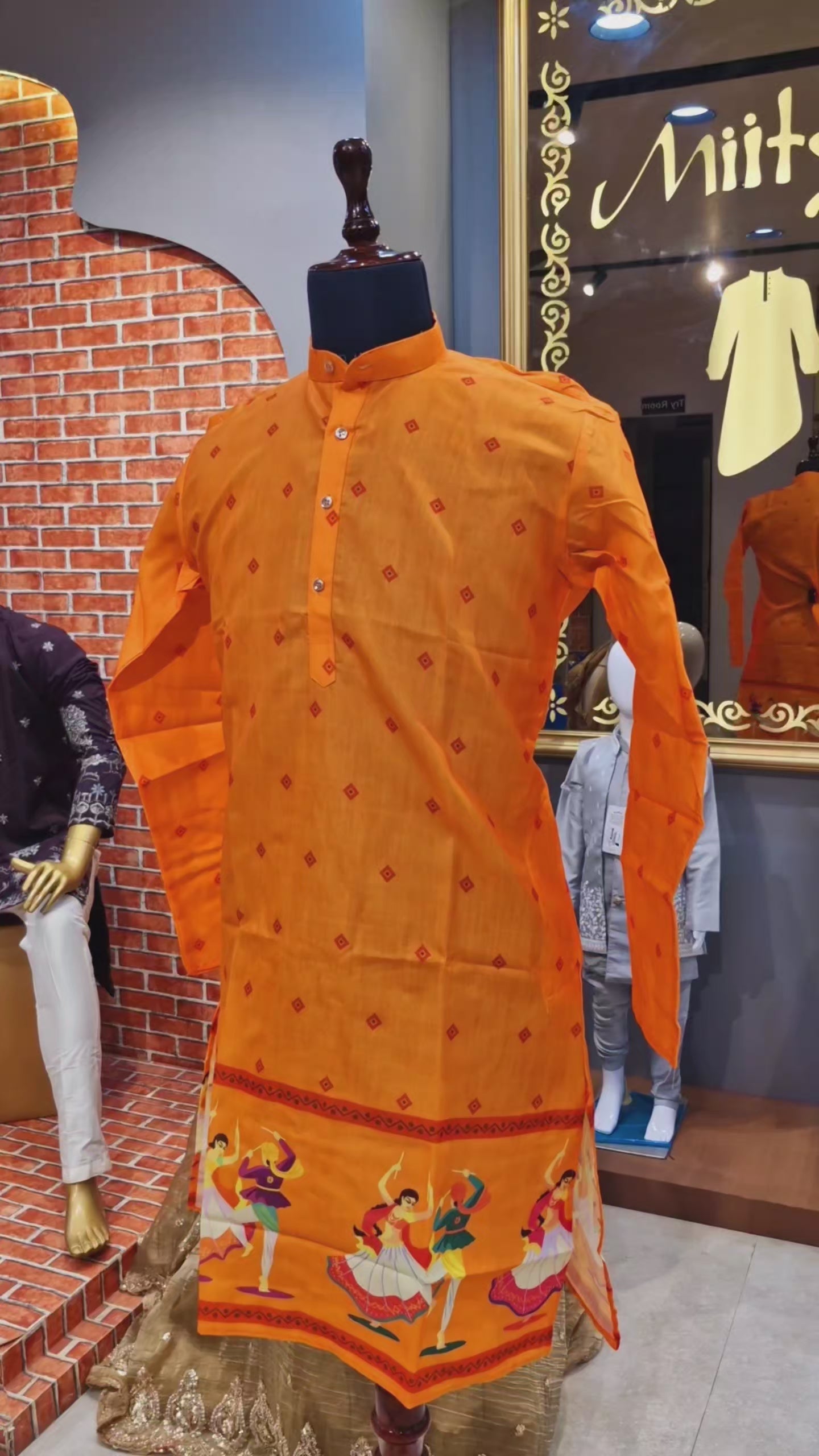 Tangerine Orange Festive Garba Print Kurta(1252)