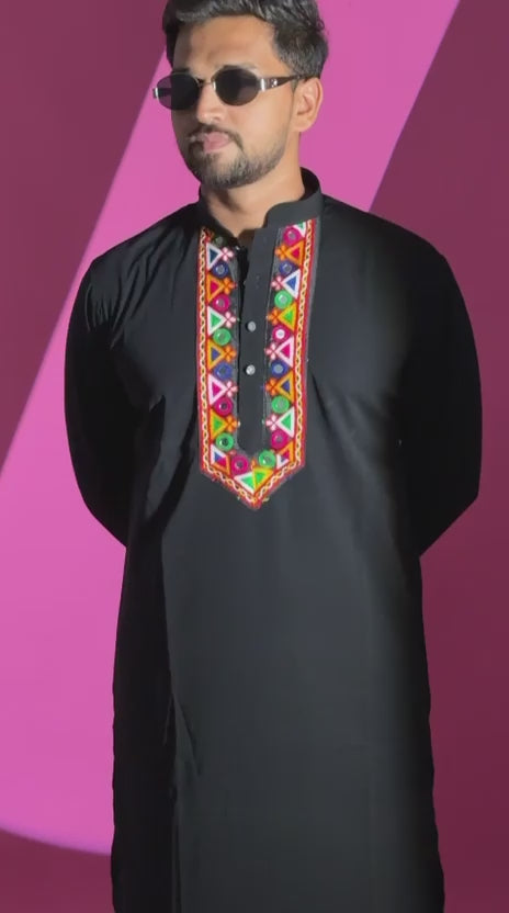 Jet Black Kurta Set with Kutchi Geometric Embroidery (7781)