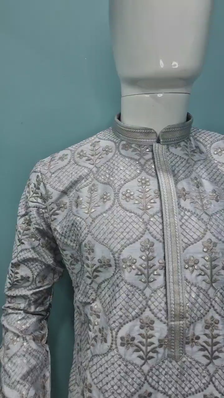 Men's Silver Grey Embroidered Silk Jacquard Kurta Set (10012)