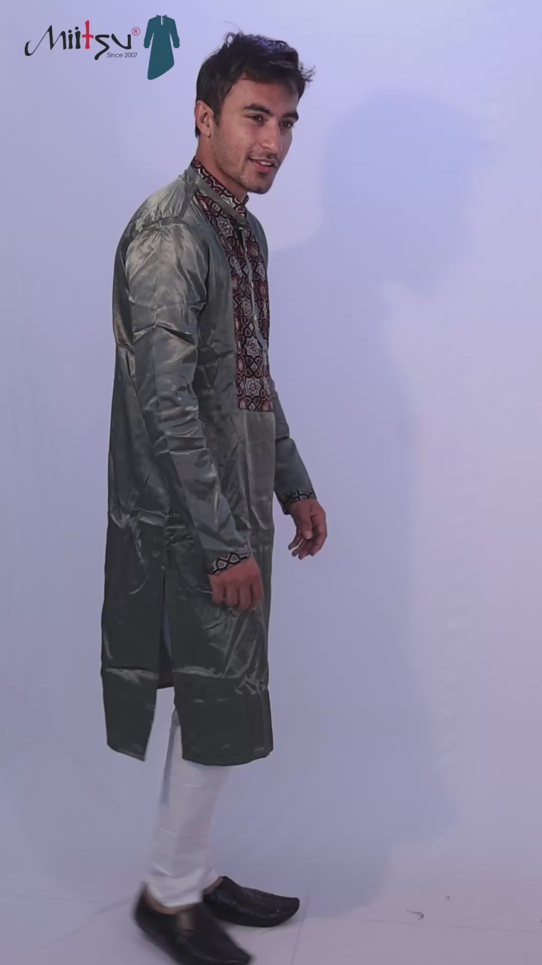 Men's Olive Green Silk Kurta with Ajrak-Inspired Embroidery (2792)